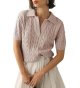 Women's Cable Short Sleeve Sweaters Tops Solid Lapel V Neck Knit Casual Soft Pullover Shirt