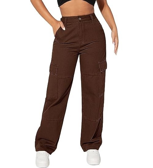 Women's Cargo Jeans High Waist Flap Pocket Straight Leg Denim Pants